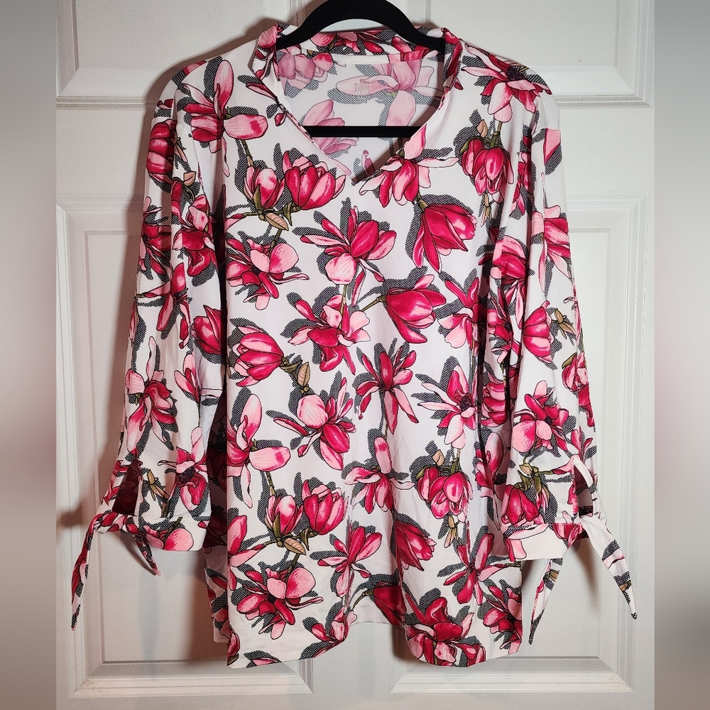 Tail Activewear Womens Pink Floral V-Neck Tie-Sleeve Top XXL